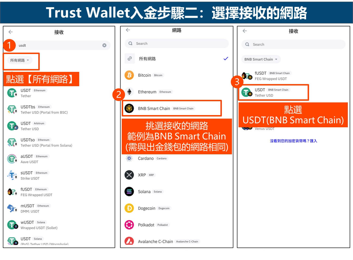Trust Wallet入金步骤二：选择接收的网络