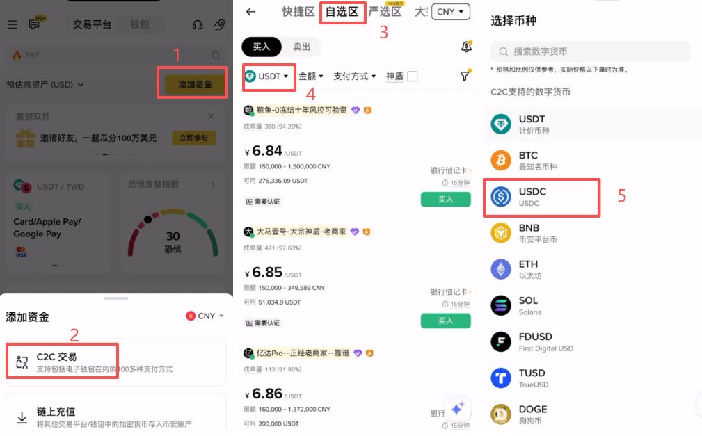 第一步：进入C2C交易区并筛选
