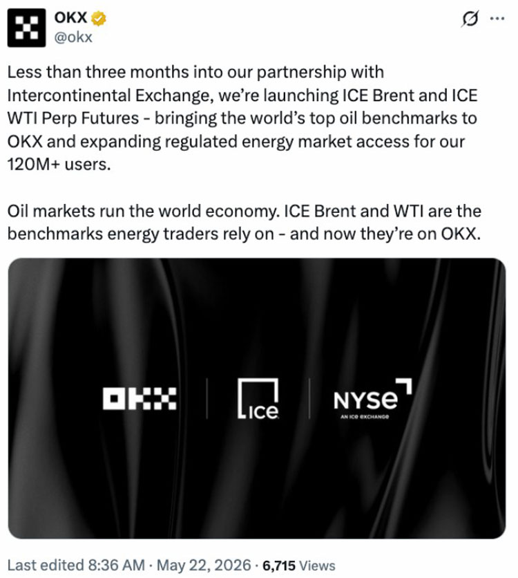 ICE 与 OKX 推原油期货，加速融合