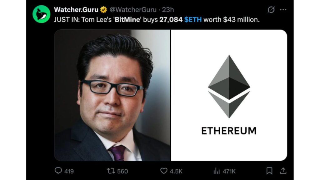 BitMine公司增持4300万美元以太坊，暂停购买比特币