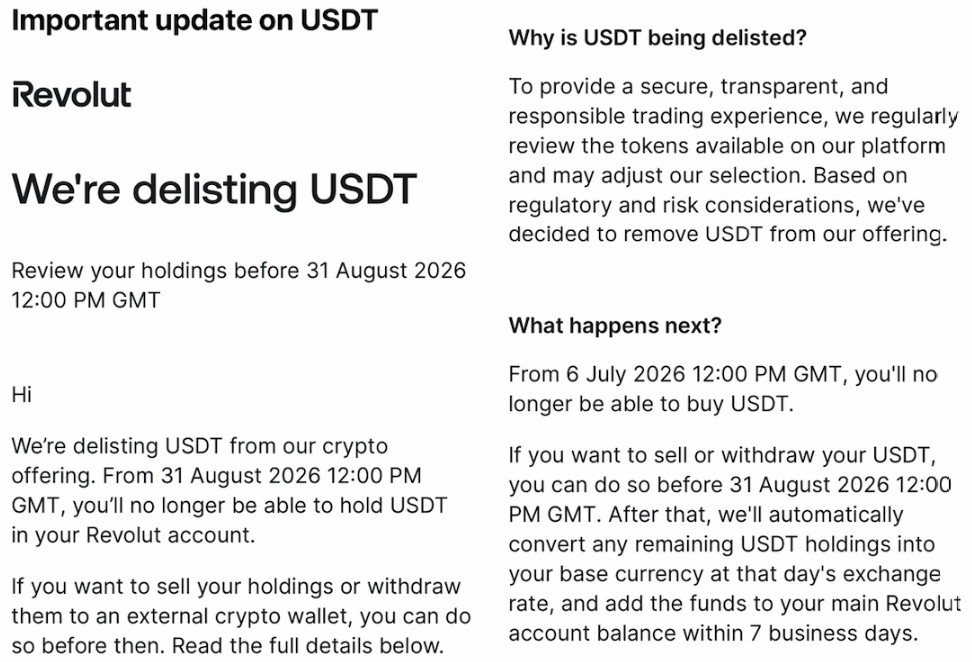 Revolut因监管下架USDT