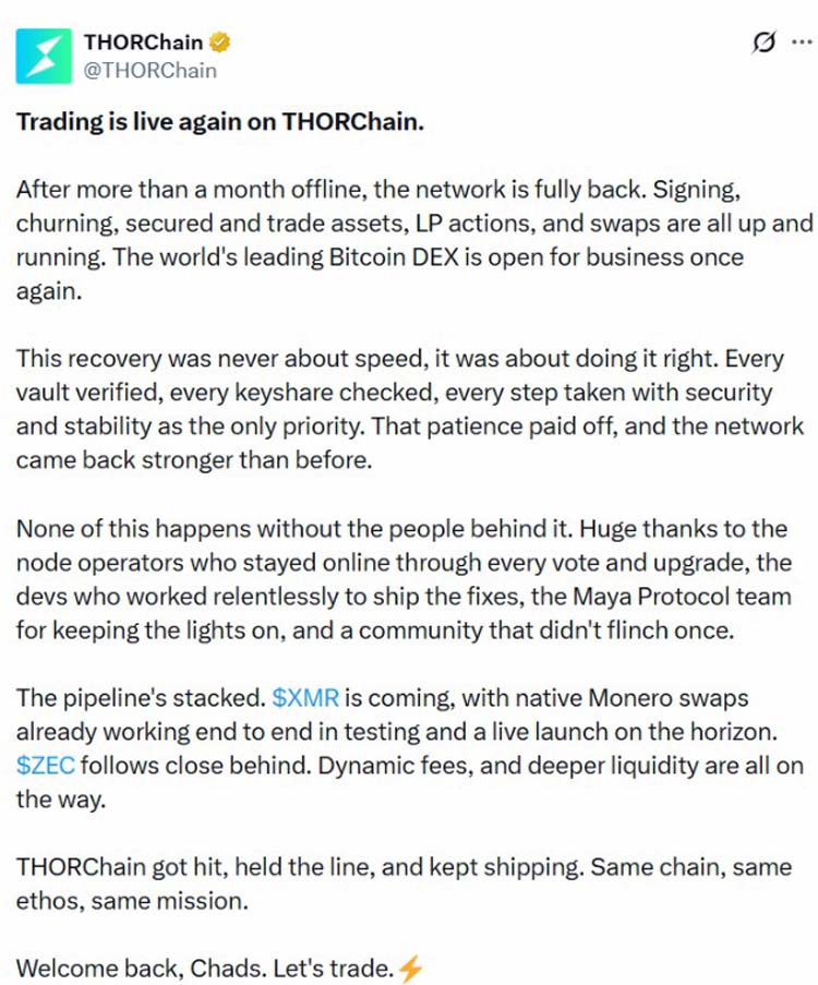 THORChain遭窃千万后恢复交易