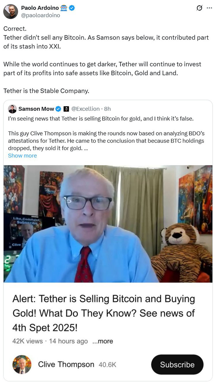 Tether持稳BTC，加码黄金土地