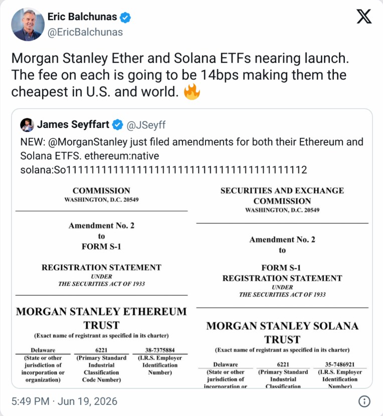 大摩调低以太坊Solana ETF费率