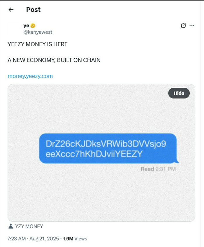 分析师：Kanye West迷因币YZY狙击钱包与2100万美元LIBRA内幕交易有关