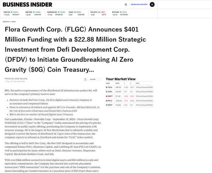 Flora Growth 获 4.01 亿美元融资，拟收购 0G 代币并更名 ZeroStack