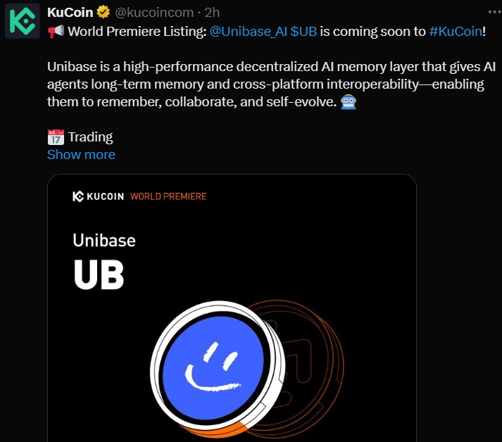 Unibase (UB) 今日上线：AI去中心化存储层的多交易所首发详情