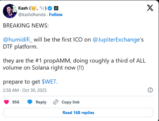HumidiFi $WET将通过Jupiter DTF进行首次代币发行