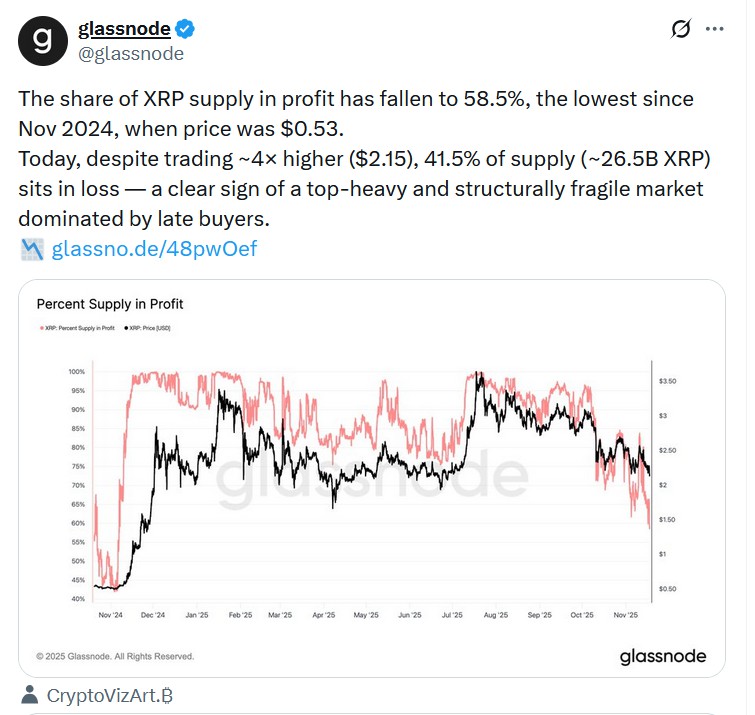 ‌XRP 41.5%亏损，脆弱预警