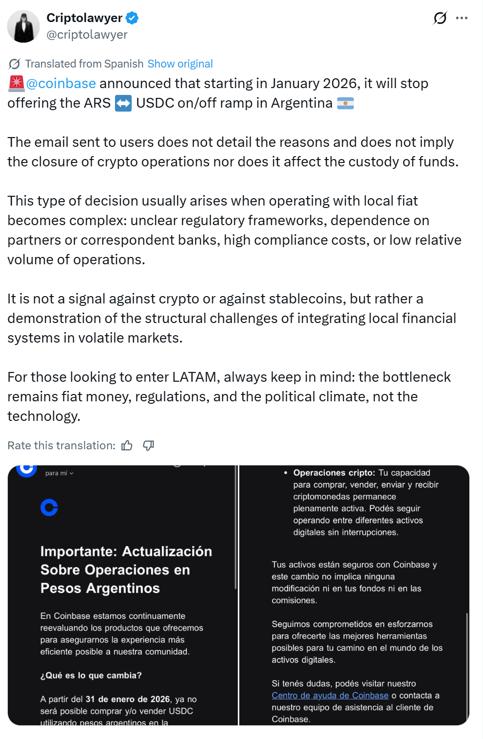 阿根廷法币通道被Coinbase暂停
