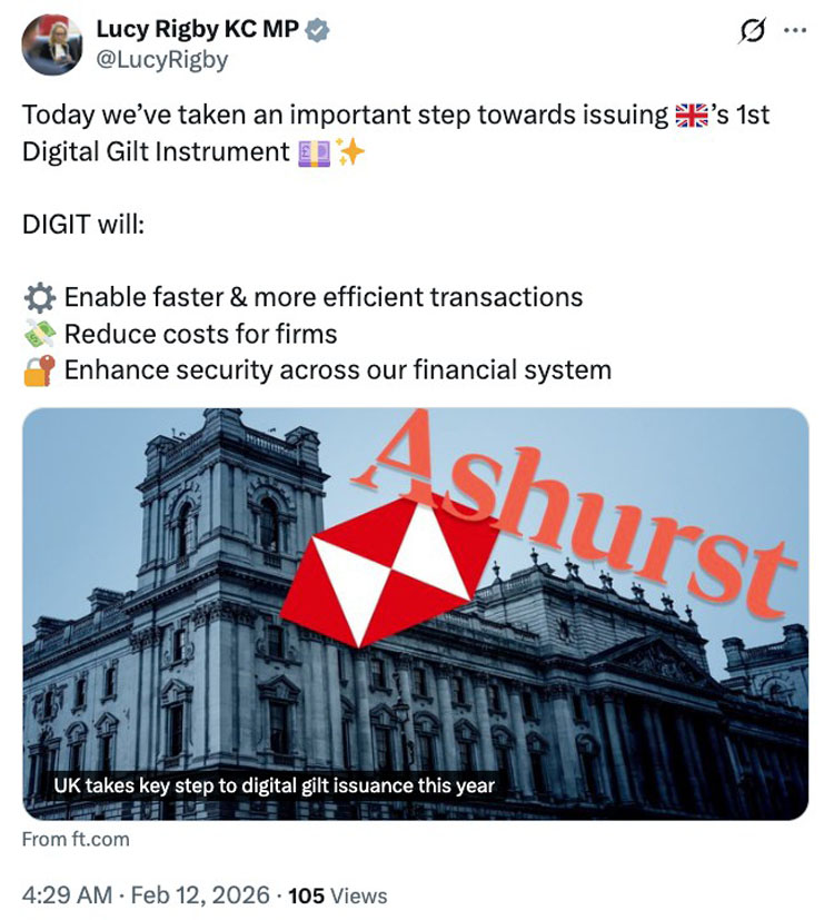 英国政府委任汇丰银行代币化债券试点