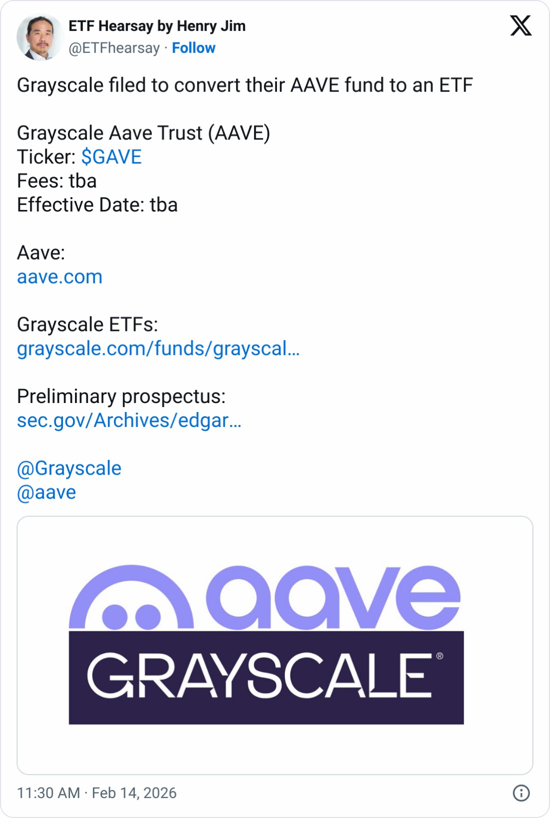 灰度申请Aave信托转纽交所Arca ETF
