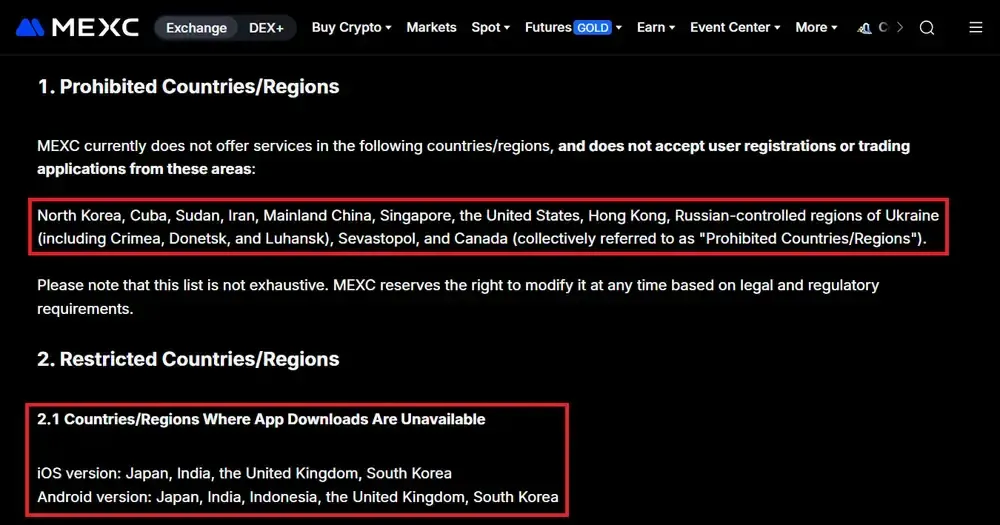 MEXC限制哪些国家？