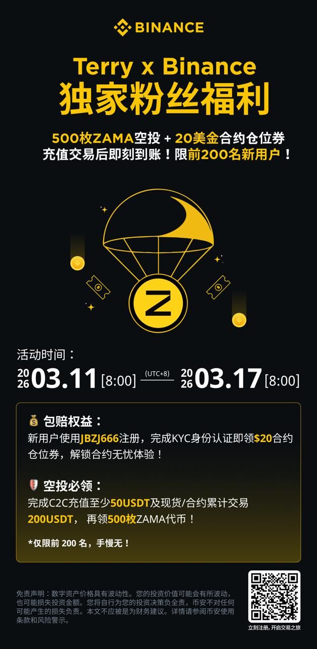 币安限时新人礼包：零门槛领20U，充值交易再赠500枚ZAMA