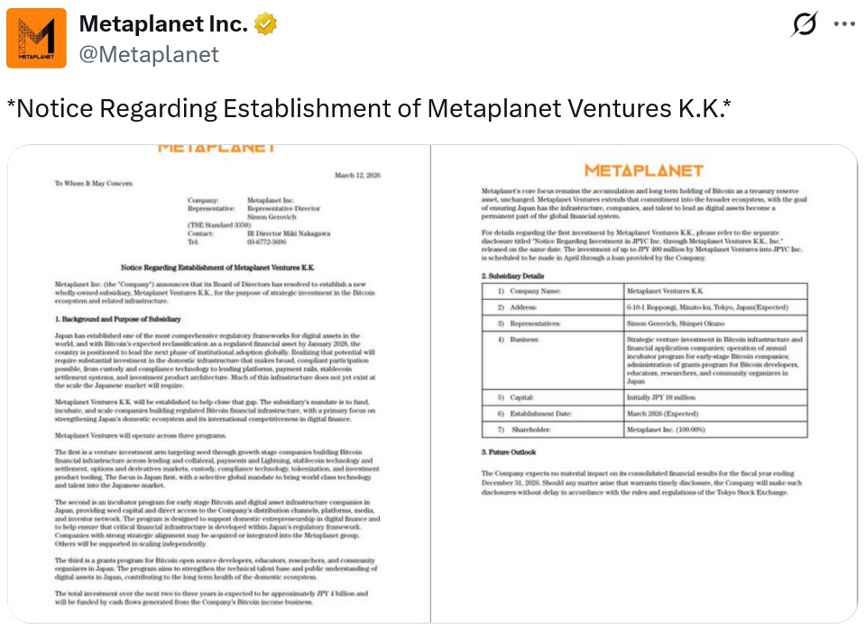 Metaplanet 新设风投拓比特币业务