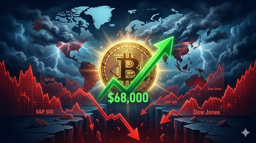 比特币在地缘政治风暴中展现韧性：全球股市暴跌之际BTC反弹至68000美元