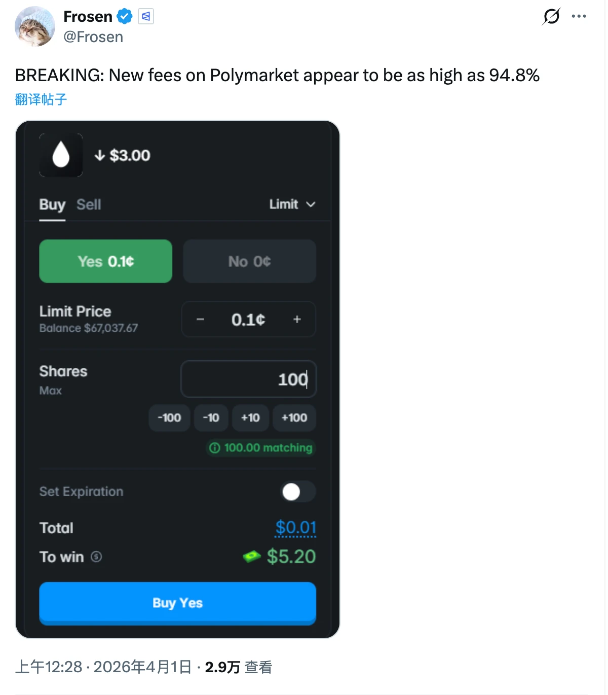数学拆解Polymarket手续费公式：90+%的极端费率是怎么蹦出来的？_图2