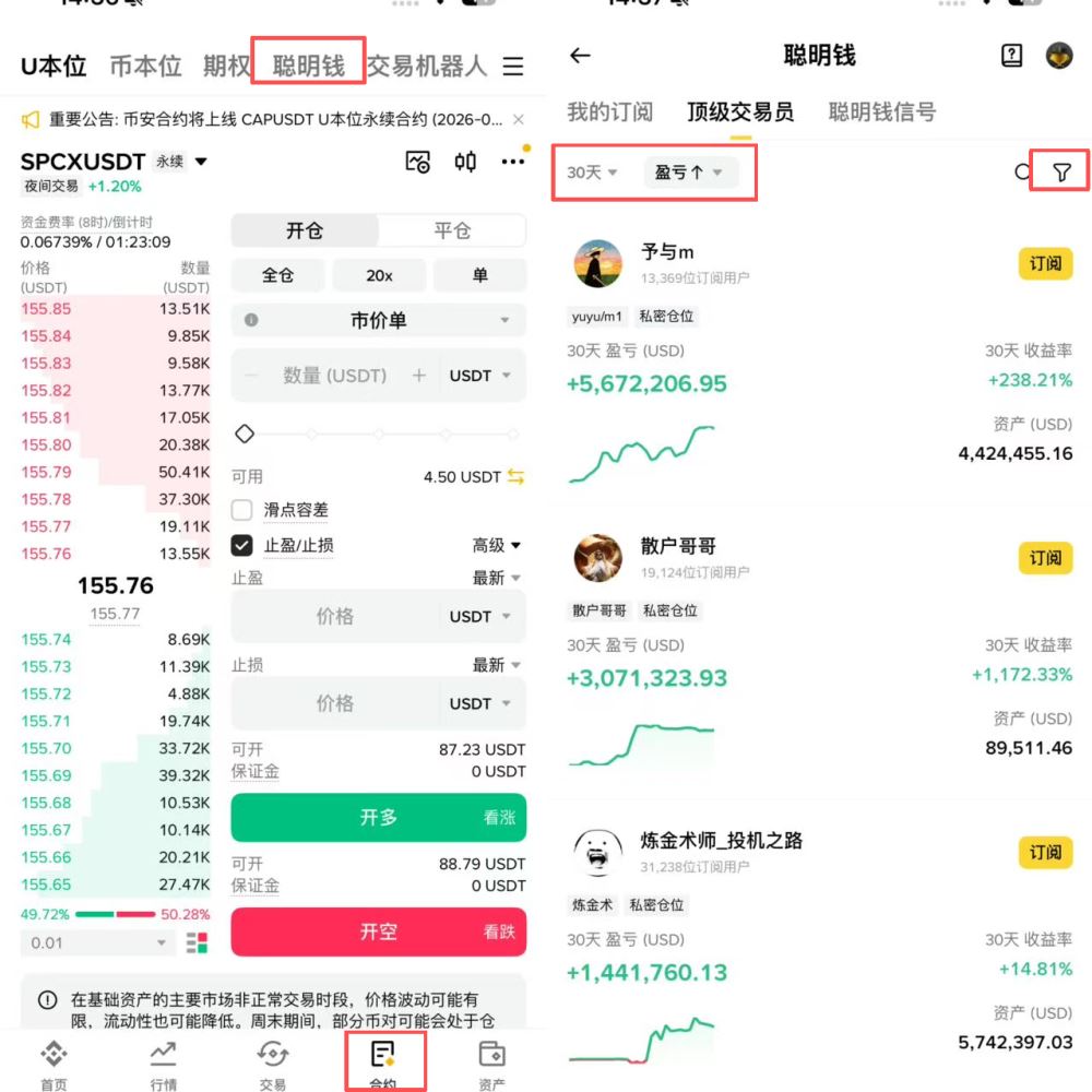 步骤一：进入币安聪明钱页面