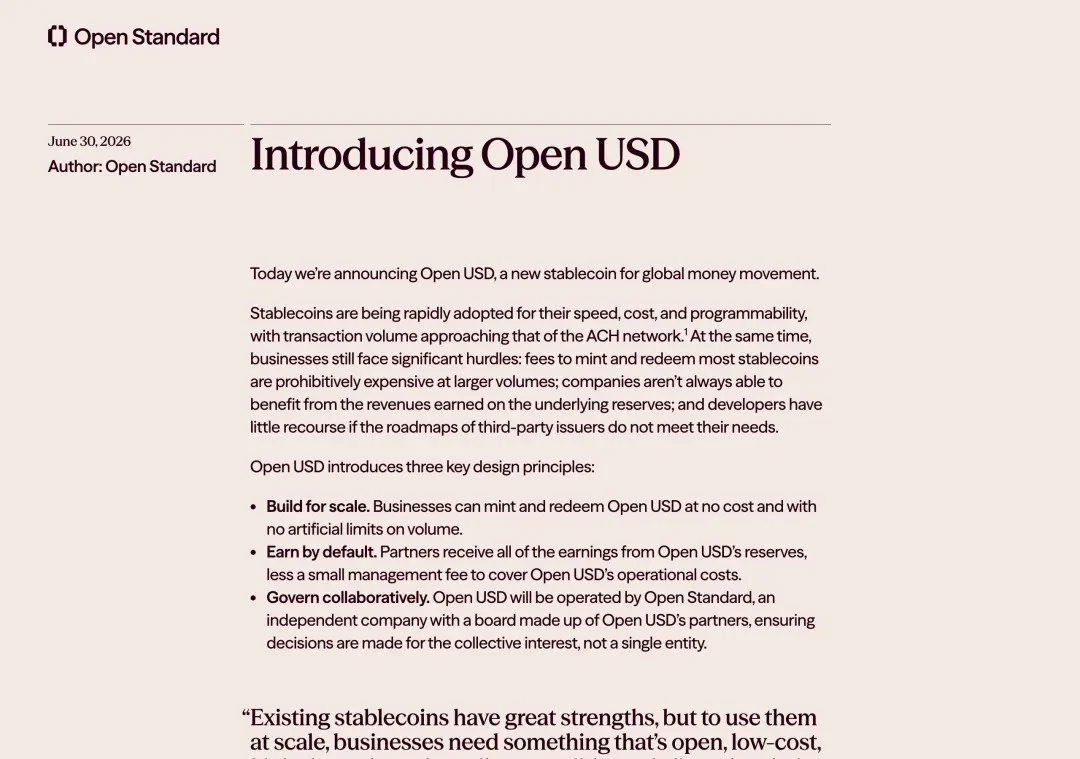稳定币界的“合作社”来了：Open USD登场，Circle回应欢迎竞争