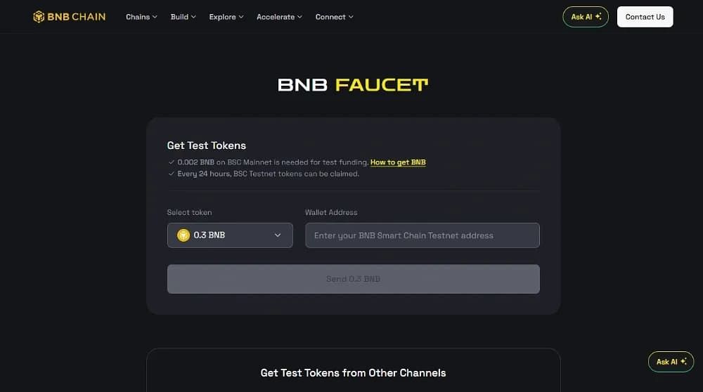 如何获取 testnet BNB 代币