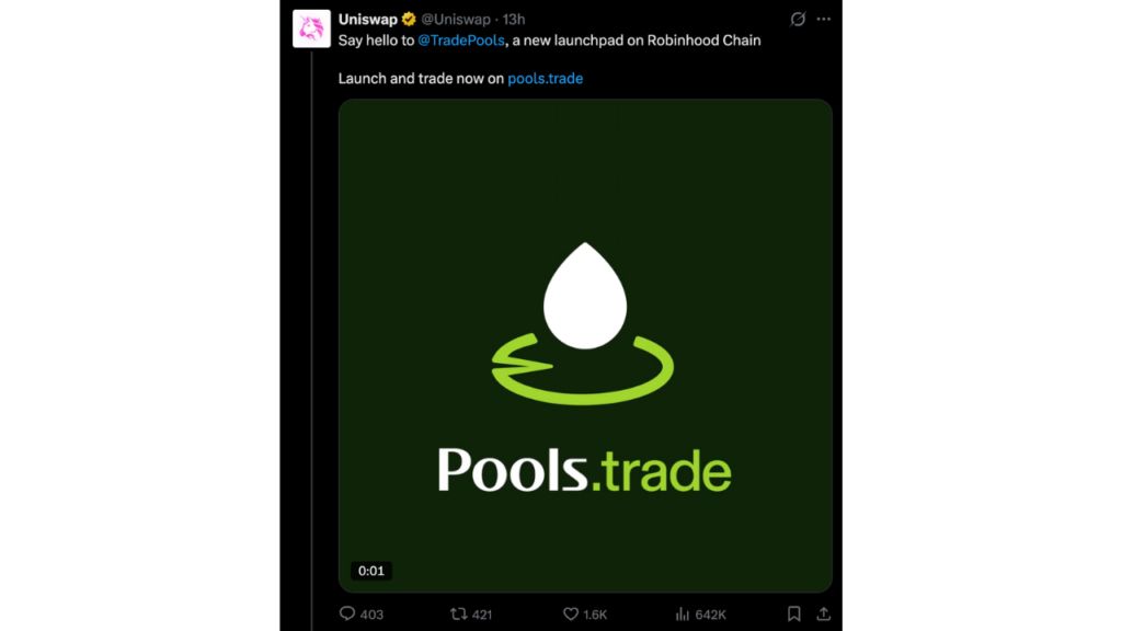 Uniswap在Robinhood Chain上推出资金池:主打公平代币发行
