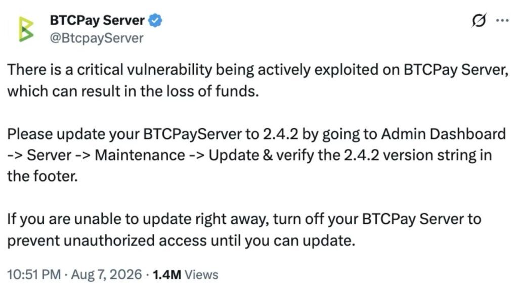 BTCPay服务器漏洞被利用：导致商户闪电网络节点资金耗尽