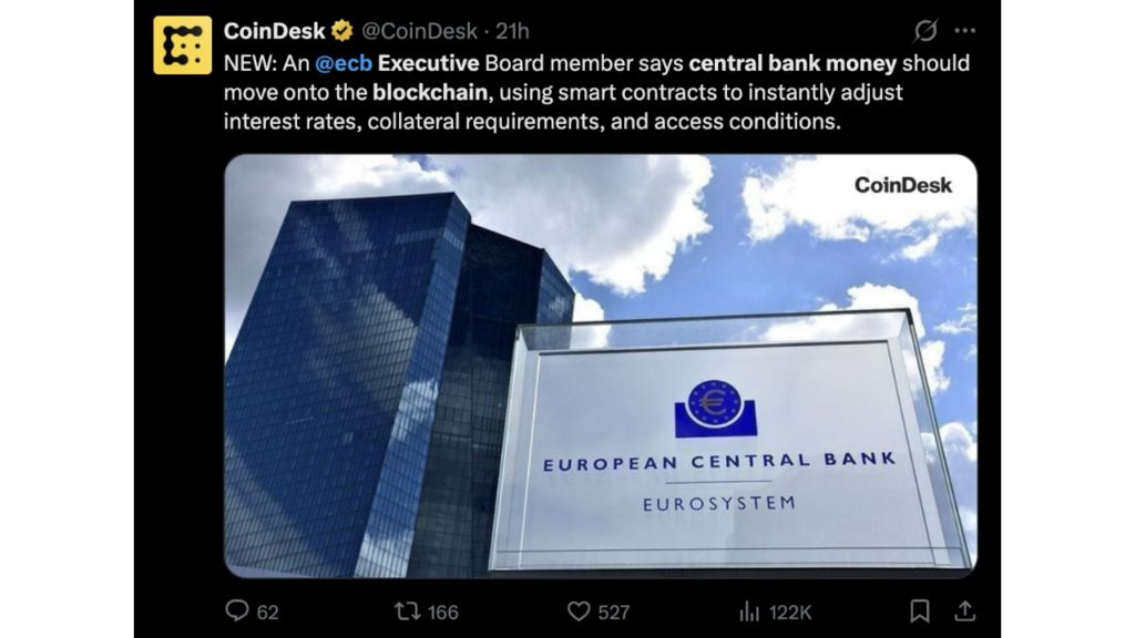  欧洲央行高管呼吁将央行货币放在区块链上
