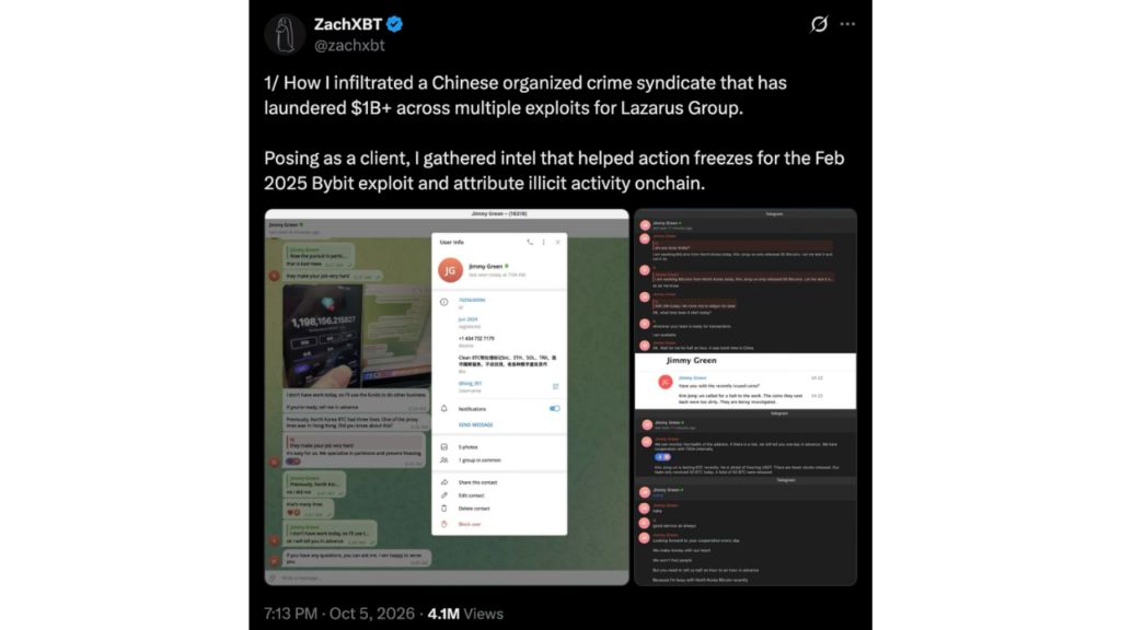 ZachXBT 预付 35 万美元：伪装客户渗透 Lazarus 关联洗钱网络