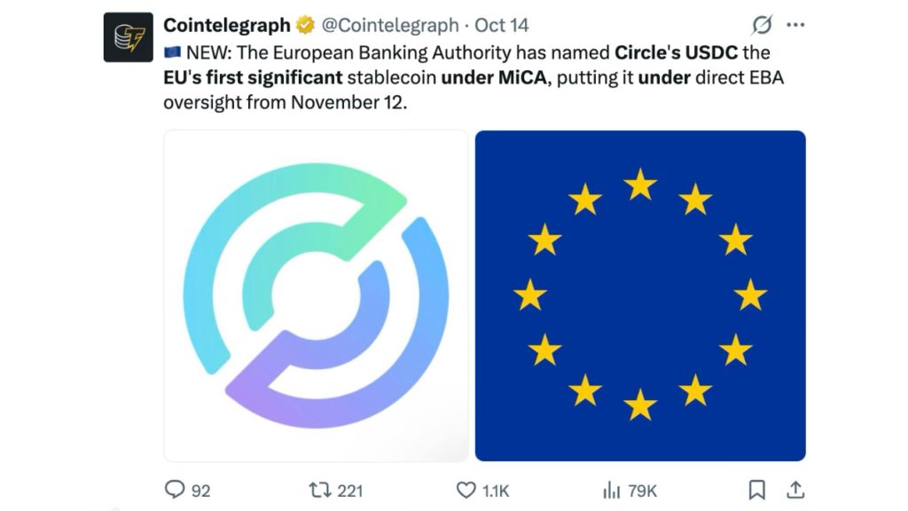 Circle USDC 成为欧盟 MiCA 框架首个重要电子货币代币
