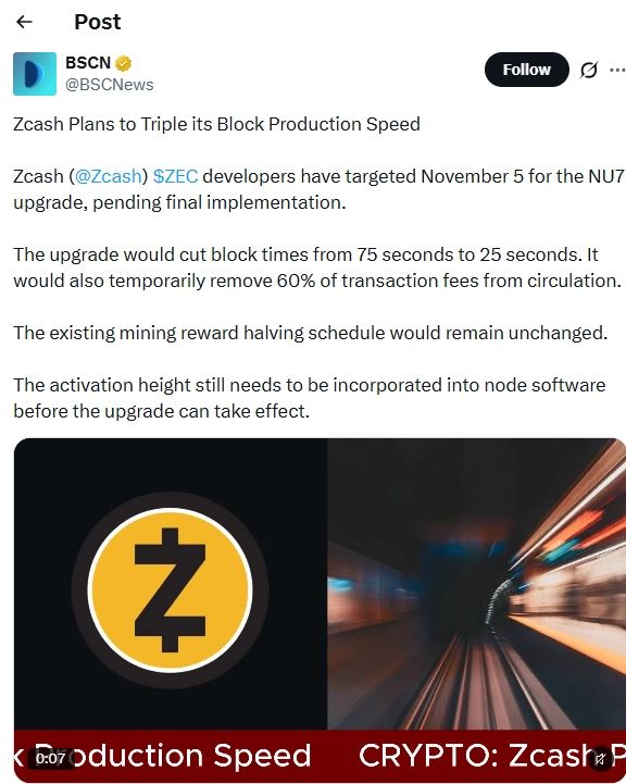 倒计时两周！Zcash NU7升级将至，2.2万枚ZEC将软冻结