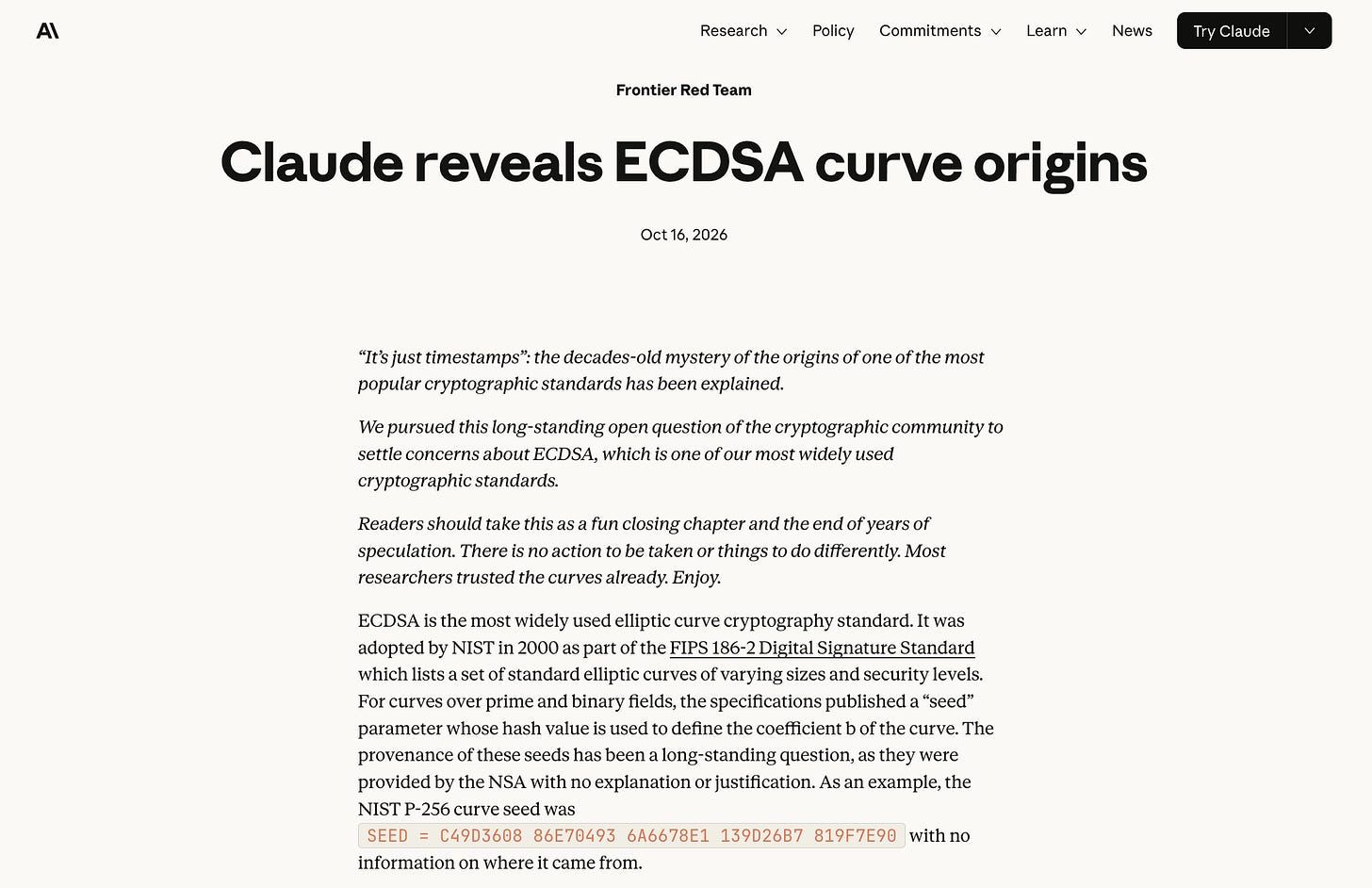 Anthropic 宣布旗下 Claude 模型在半小时内破解了困扰行业 25 年的 NIST 椭圆曲线随机种子之谜