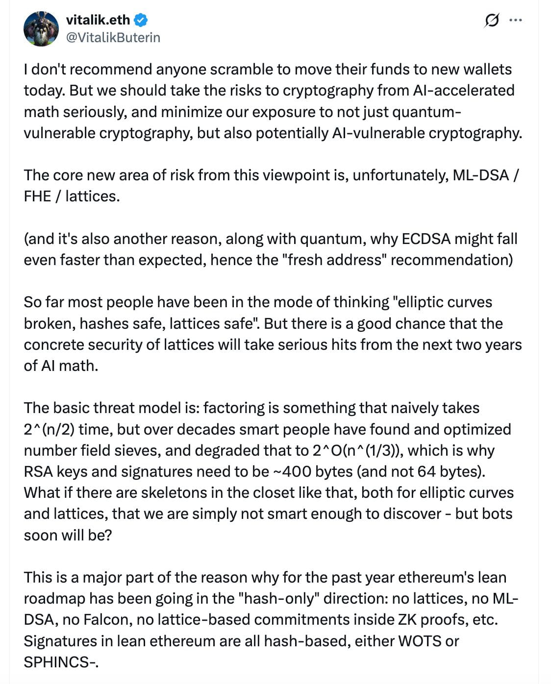 Vitalik Buterin 发文对 Drake 的预警表示声援，呼吁行业正视密码学面临的潜在风险